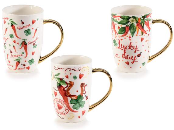 Porcelain mug with golden handle and Lucky charm decoratio
